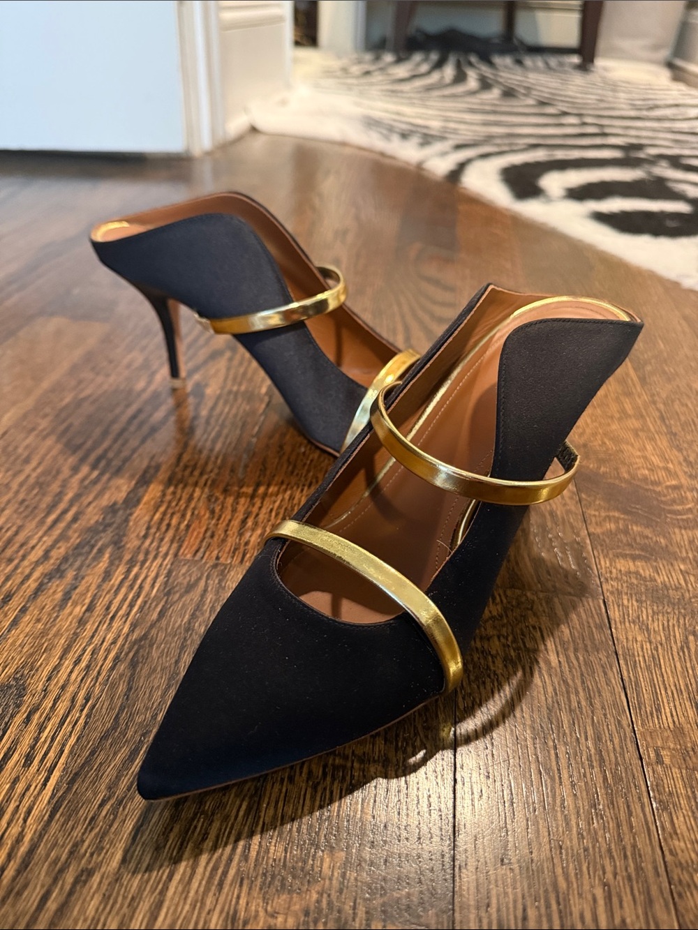 Black Malone Souliers Pointed-Toe Mule Heels with Gold Straps